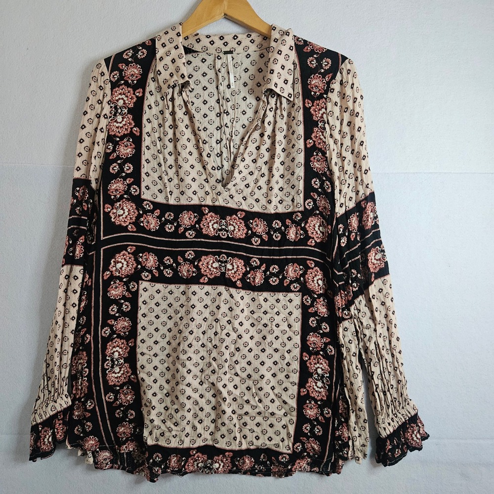 Free People Boho Floral Border Print Tunic Blouse Cream Black Coral Size M